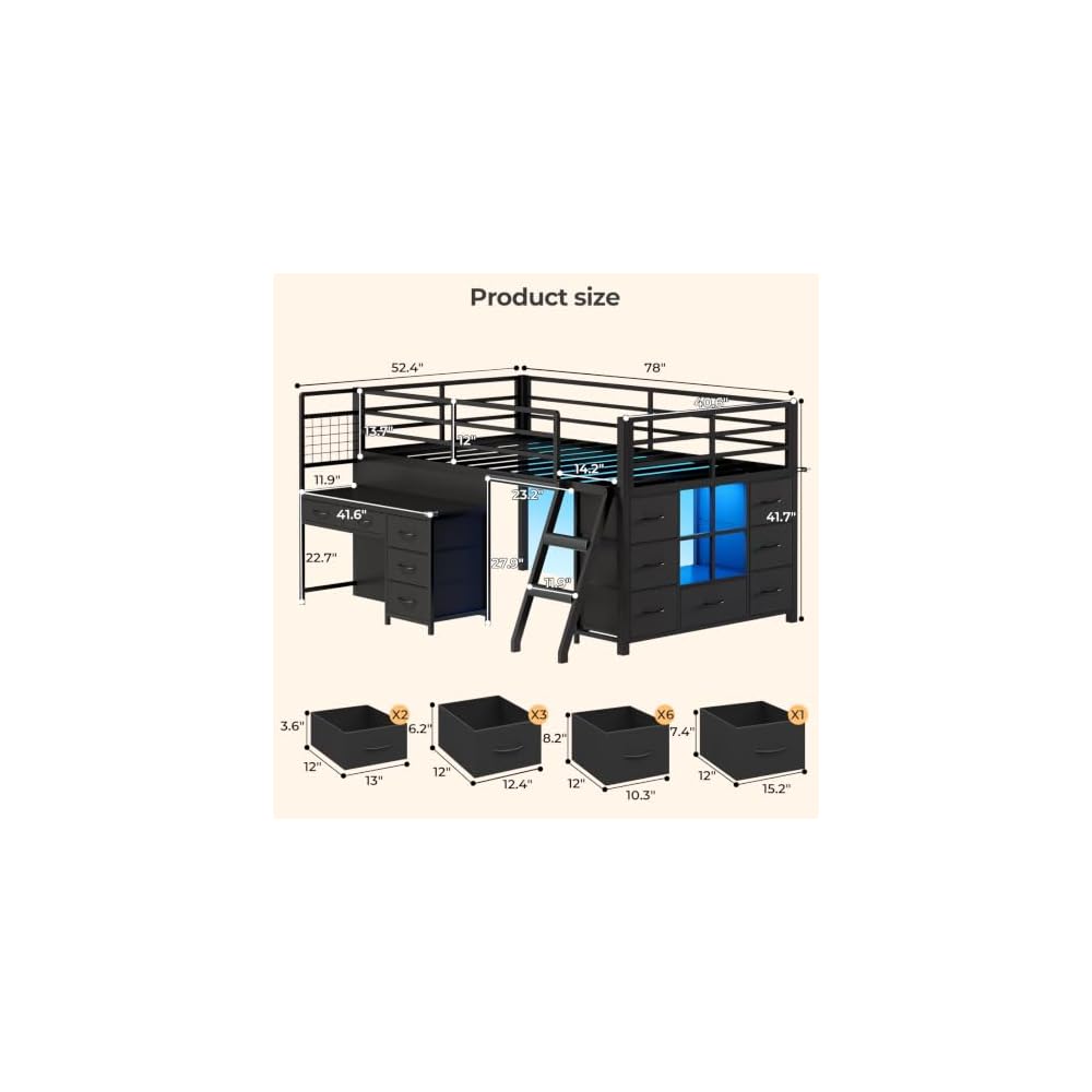 Low Loft Bed Twin Size with Desk, 12 Storage Drawers, Window, Black