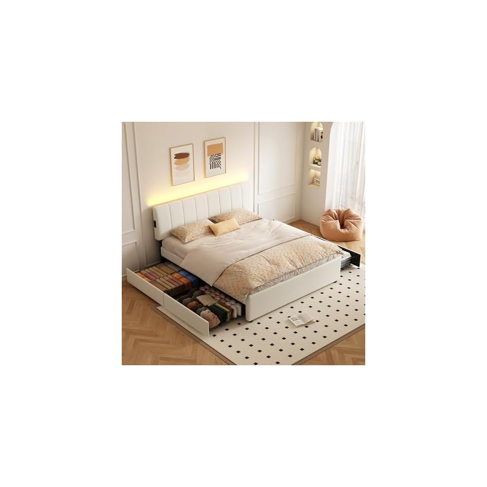 King Size Upholstered Platform Bed with 4 Storage Drawers