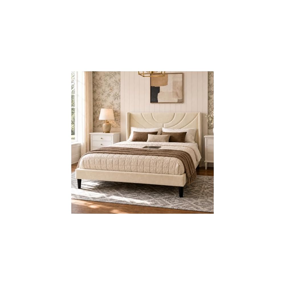Upholstered Platform Queen Size Bed Frame with Fabric Headboard,Wooden Slats Support/No Box Spring Needed/Mattress Foundation,Beige
