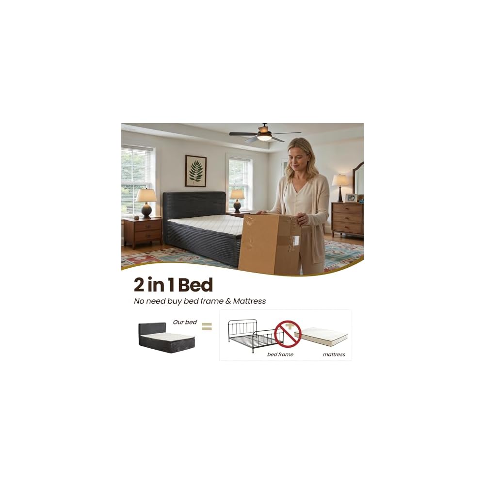 Full Boneless Cloud Bed, Frame & Headboard & Mattress Set, Gray