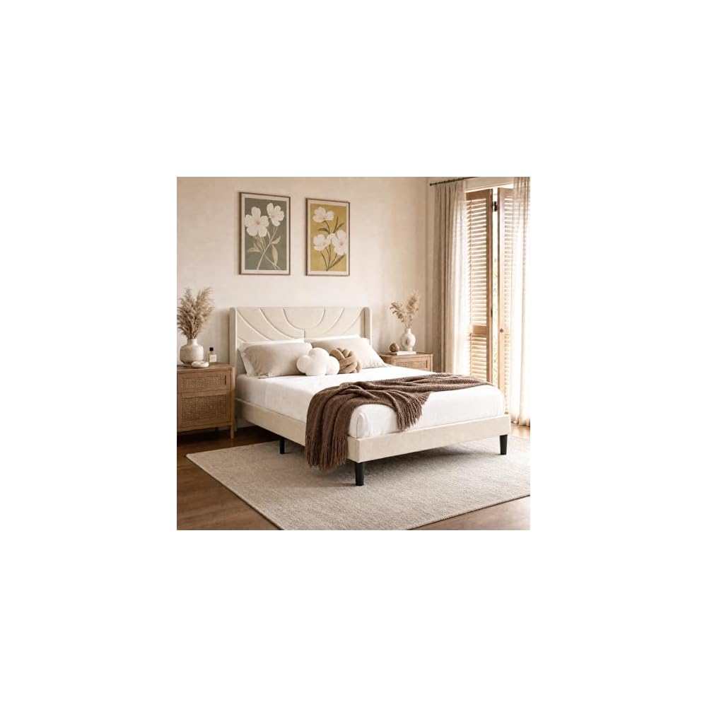 Upholstered Platform Queen Size Bed Frame with Fabric Headboard,Wooden Slats Support/No Box Spring Needed/Mattress Foundation,Beige