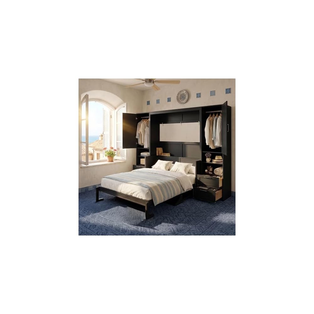 Queen Murphy Bed with Side Wardrobes & Drawers, Queen Size Wall Bed Frame, Multi-Functional Hidden Fold Down Cabinet Bed with Clothing Hanging Rods & Open Shelves, Black
