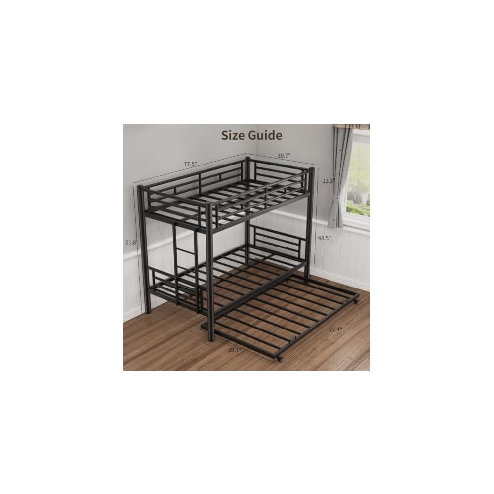 Metal Triple Bunk Bed, Twin Over Twins with Trundle, Heavy Duty Beds Frame with Ladder and Safety Rails for Small Bedroom, Space-Saving Noise Free (Black)