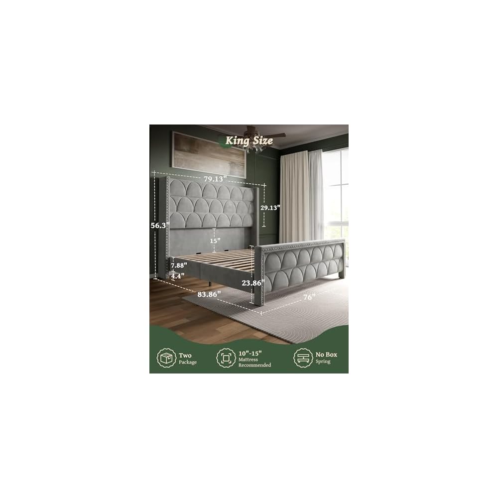 King Size Bed Frame with 56" Headboard - Velvet Upholstered Wingback Platform Bed Frame, Noise Free, Sturdy Wooden Slat Support (Deep Gray, King)