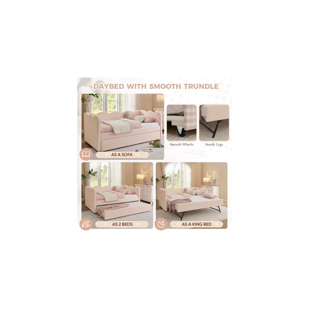 Twin Size Daybed with Pop Up Trundle, Linen Gingham Twin to King Daybed with USB Ports, Upholstered Day Bed Frame, Modern Sofa Bed for Living Room/Bedroom/Guest Room, No Box Spring Needed, Pink