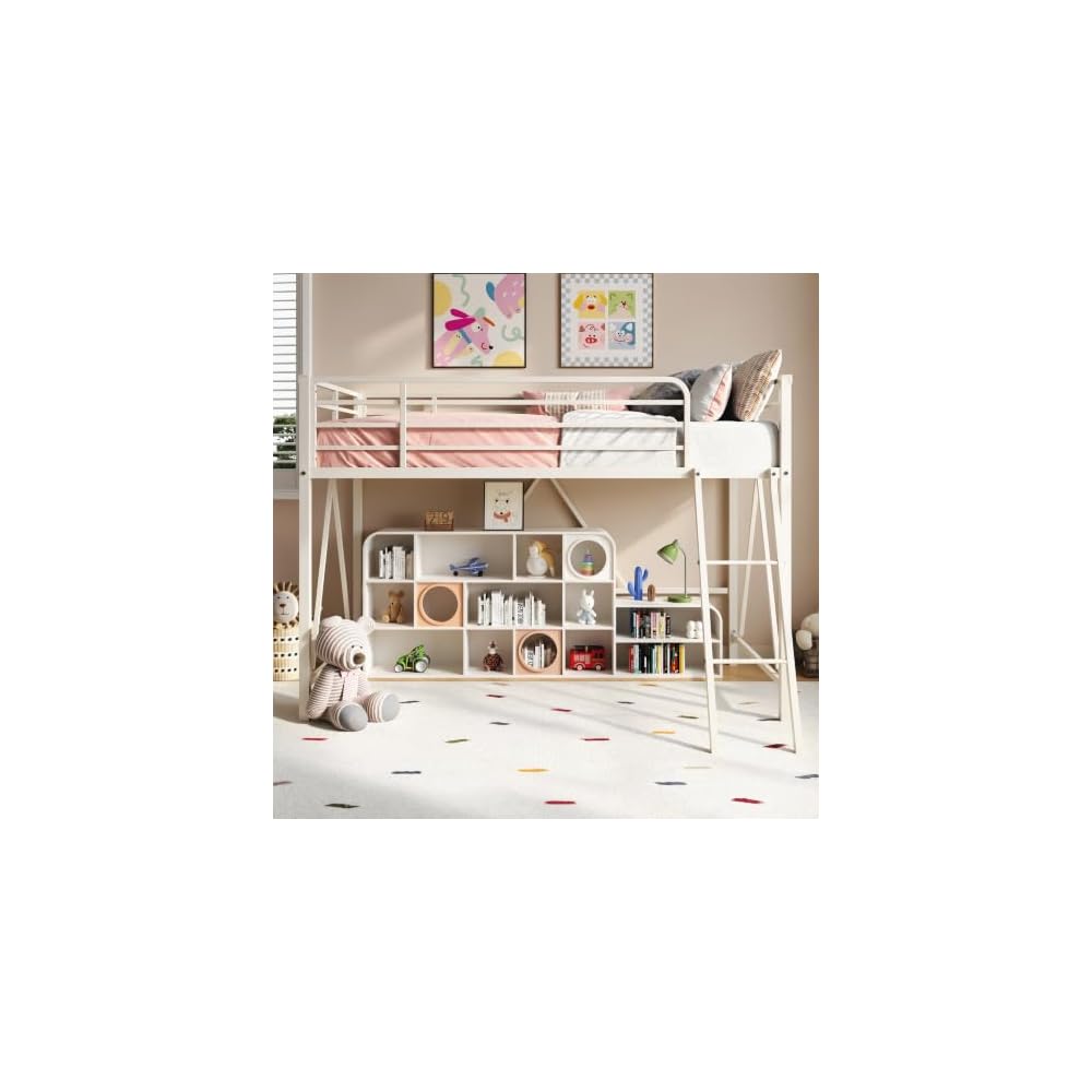 Twin Size Metal Low Loft Bed, CPC Safety Certified, White