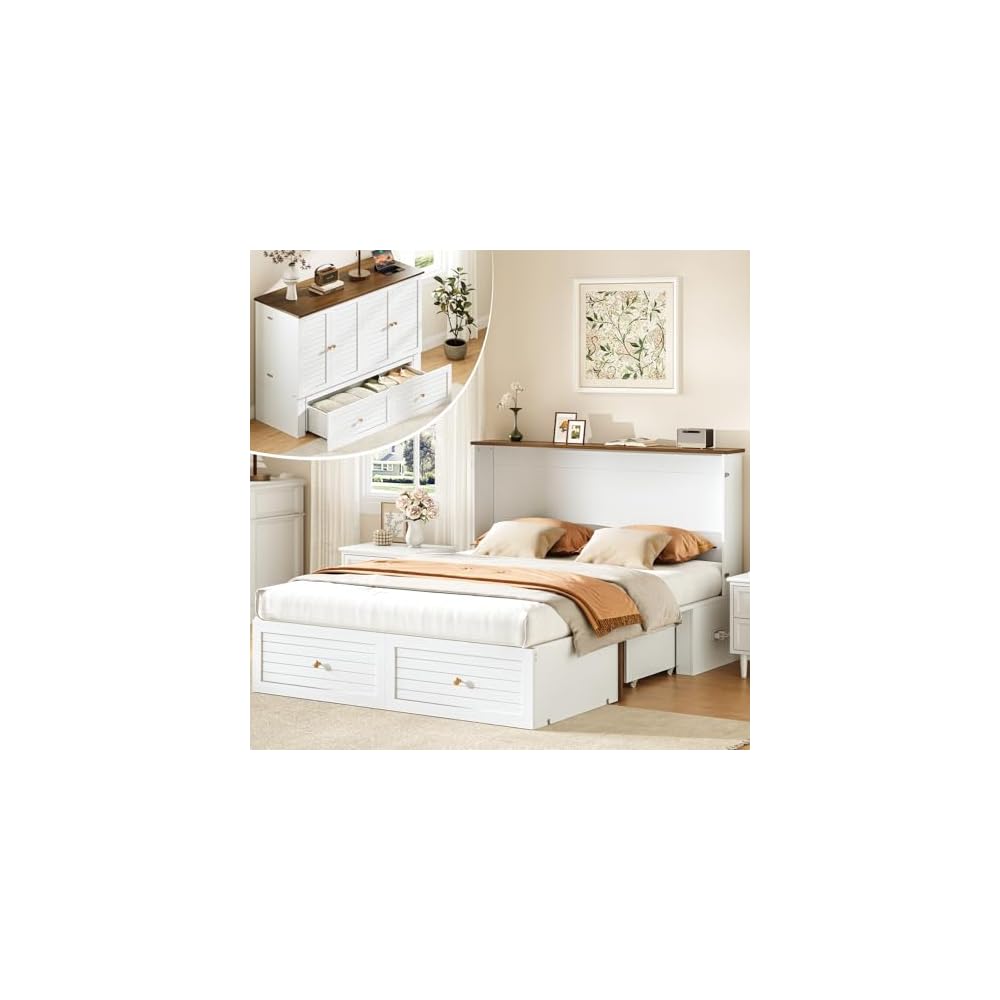 Queen Murphy Bed with Charging Station, Cabinet Beds with Storage