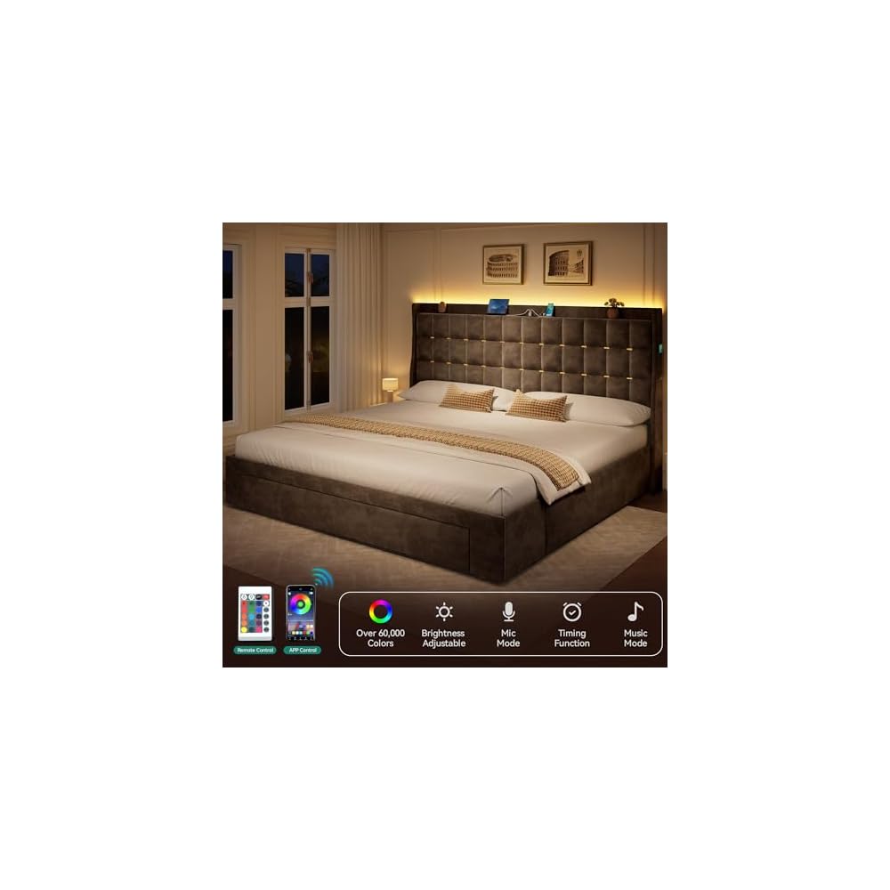 King Size Bed Frame with 3 Storage Drawers and RGB LED Lights