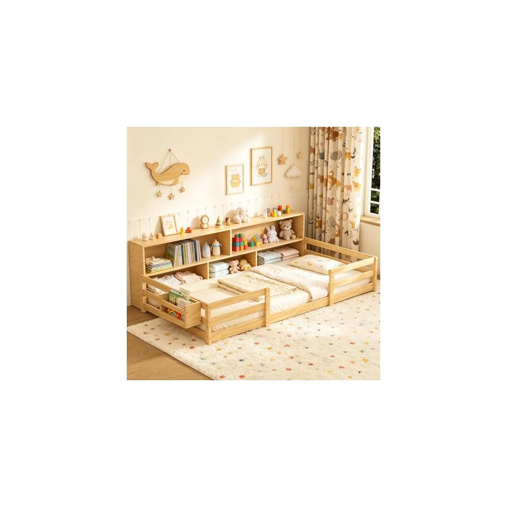 Twin Floor Bed for Kids, Wooden Montessori Bed Frame with Bookcase, Bedside Storage Shelves & Guardrails, Versatile 2-in-1 Floor Bed for Boys Girls, Natural