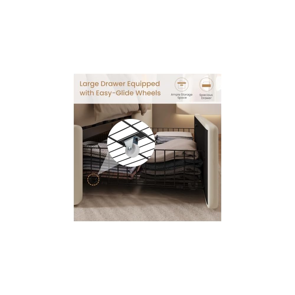 Full Size Bed Frame with LED Lights,2 Storage Drawers, Cream