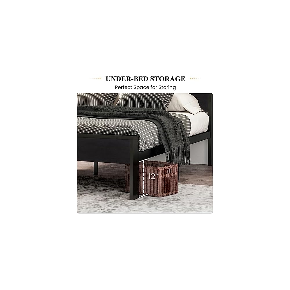 14 Inch Queen Size Metal Platform Bed Frame with Wooden Headboard and Footboard, Mattress Foundation, No Box Spring Needed, Large Under Bed Storage, Non-Slip Without Noise, Walnut