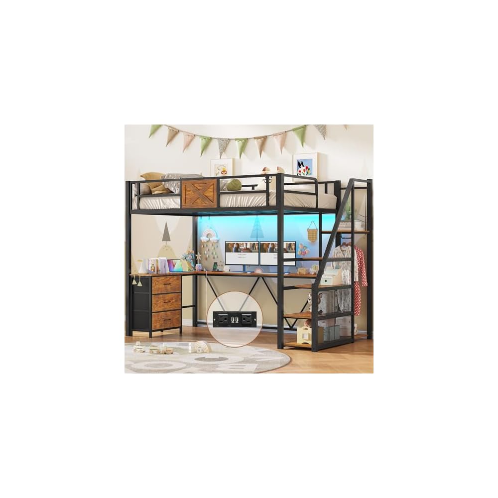 Stairway Twin Size Loft Bed with L Shaped Desk and Wardrobe, Metal Loft Bed Frame with Storage Stairs, 3 Fabric Drawers, LED Lights & Charging Sation (Rustic Brown, Twin)