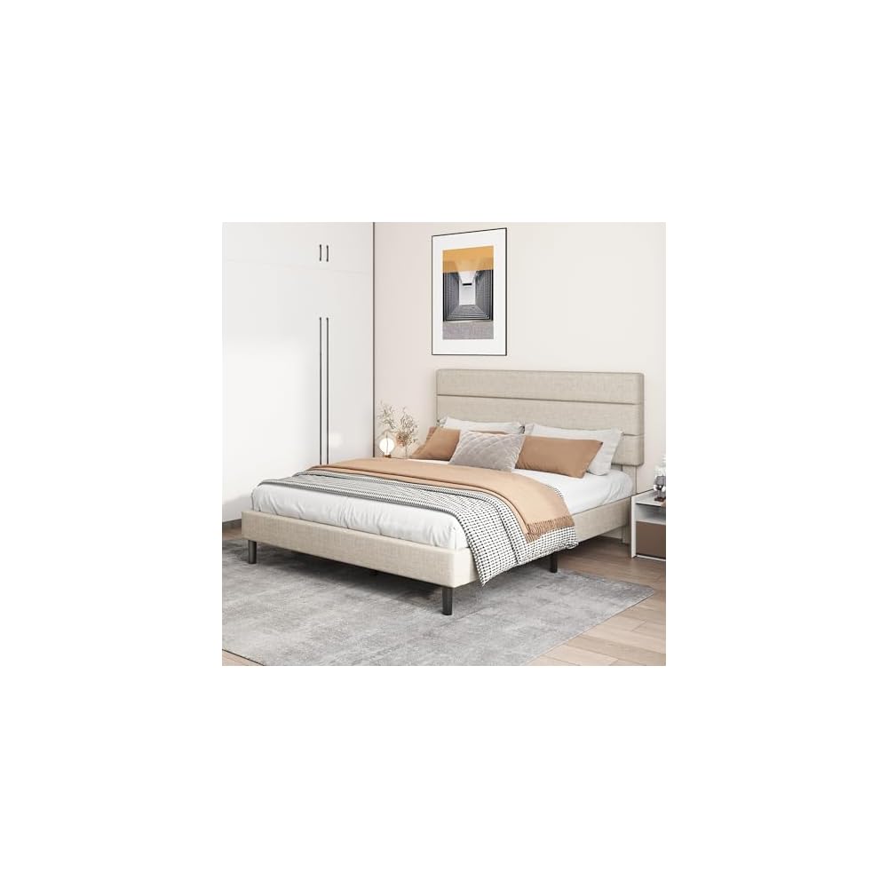 Full Platform Bed Frame with Adjustable Linen Fabric Upholstered Headboard, Strong Slats Support, Noise-Free, No Box Spring Required, Easy Assembly for Bedroom Guest Room, Beige