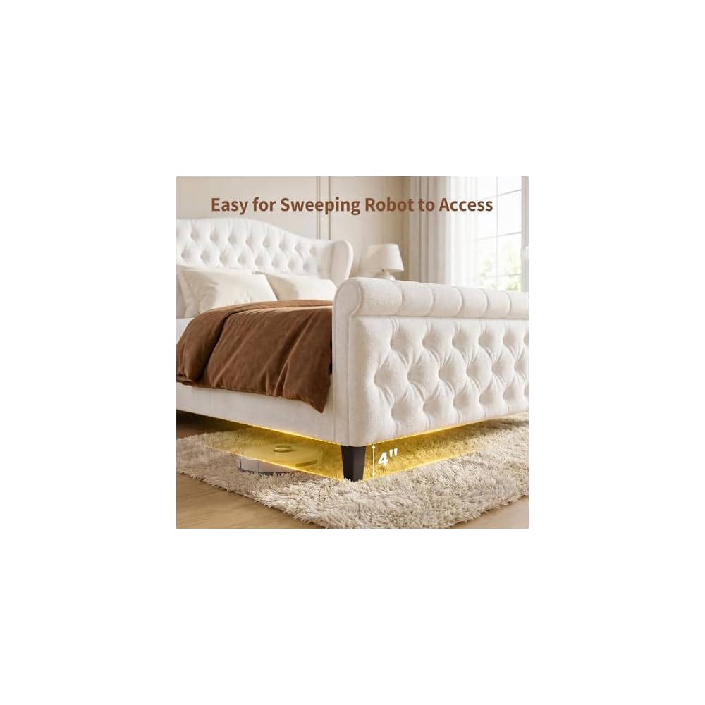 Queen Size Upholstered Sleigh Bed Frame with Wingback Headboard