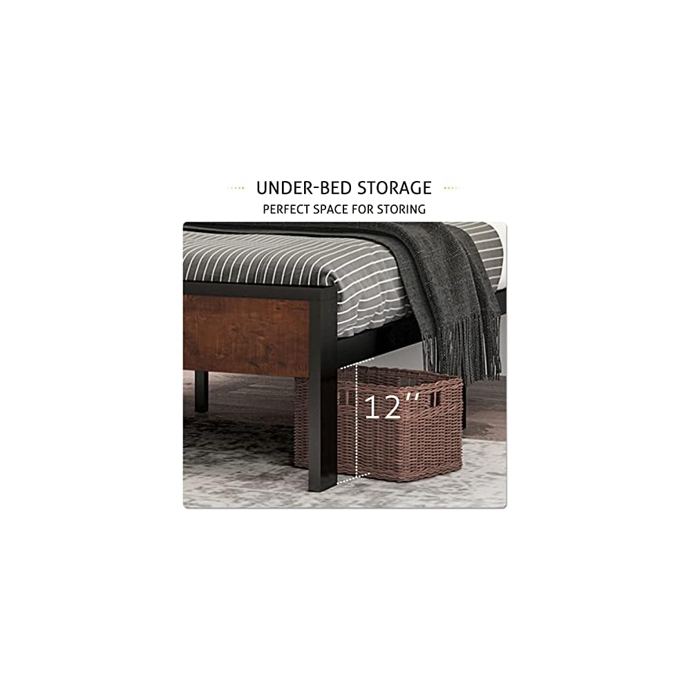 14 Inch Full Size Metal Platform Bed Frame with Wooden Headboard and Footboard, Mattress Foundation, No Box Spring Needed, Large Under Bed Storage, Non-Slip Without Noise, Walnut