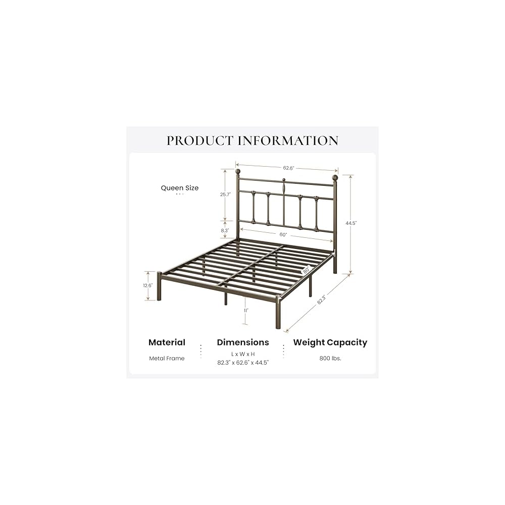 Queen Size Metal Platform Bed Frame with Victorian Vintage Headboard/Under Bed Storage/No Box Spring Needed/Easy Assembly/Noise Free/Mattress Foundation/Gold
