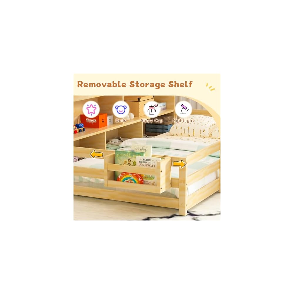 Twin Floor Bed for Kids, Wooden Montessori Bed Frame with Bookcase, Bedside Storage Shelves & Guardrails, Versatile 2-in-1 Floor Bed for Boys Girls, Natural