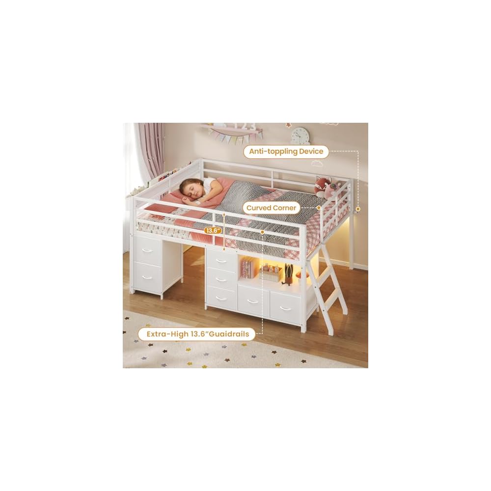 Kids Low Loft Bed Full with 7 Drawers, Bookcase, Safety Guardrail