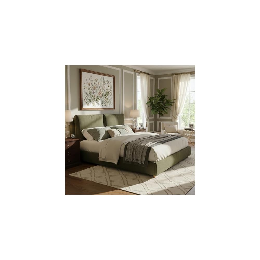 California King Linen Blend Platform Bed with 2 Pillows, Olive Green
