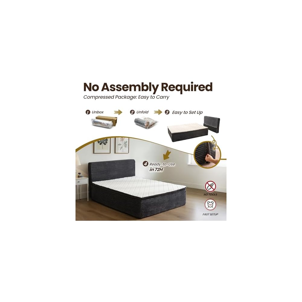 Full Boneless Cloud Bed, Frame & Headboard & Mattress Set, Gray
