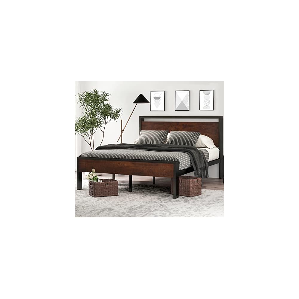 14 Inch Full Size Metal Platform Bed Frame with Wooden Headboard and Footboard, Mattress Foundation, No Box Spring Needed, Large Under Bed Storage, Non-Slip Without Noise, Walnut