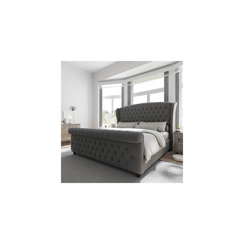 California King Upholstered Sleigh Bed Frame with Headboard