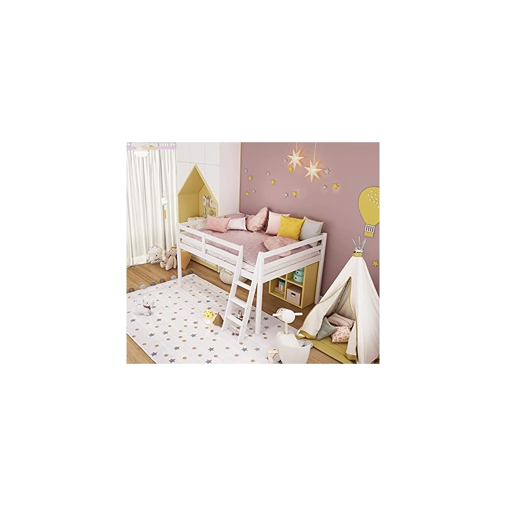 Junior Low Loft Bed with Stairs, White Wood Loft Bed Full Size for Adults, Kids and Young Teens, No Box Spring Required,Wood Slat Support