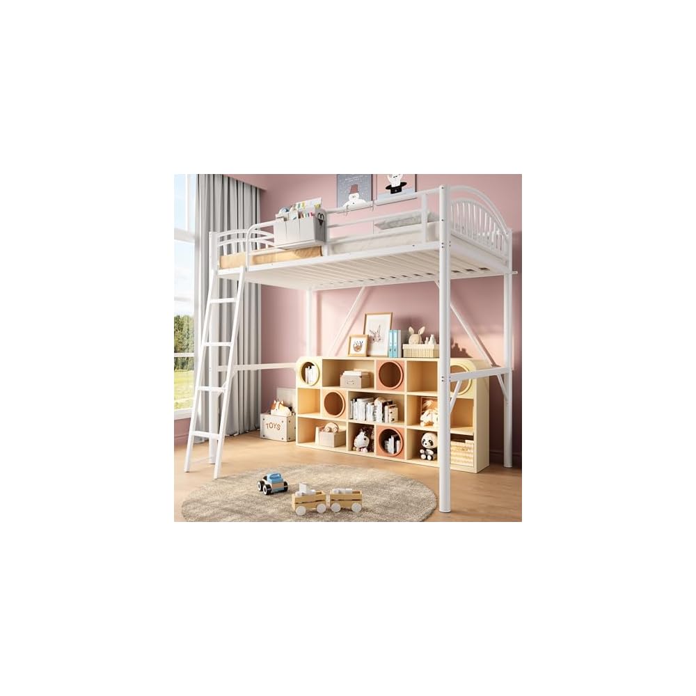 Loft Bed White Twin with Storage Bag, Metal Twin Size Loft Beds for Kids with Convertible Ladder, Safety Guard Rails and Anti-tip Nails for Teenager，Girls or Boys (White)