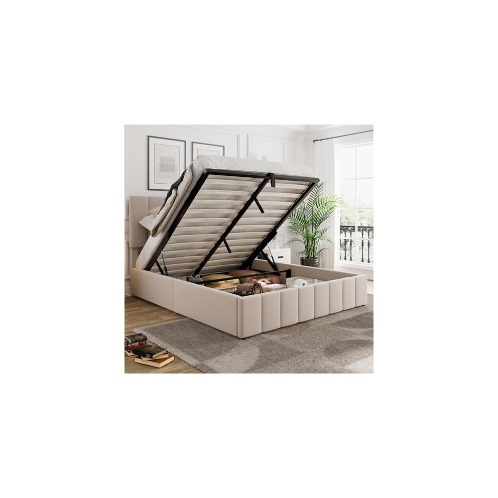 Gas Lift Up Storage Platform Bed, Upholstered Bed Frame with Hydraulic Storage System and Wooden Slat Support, Queen Size, Beige