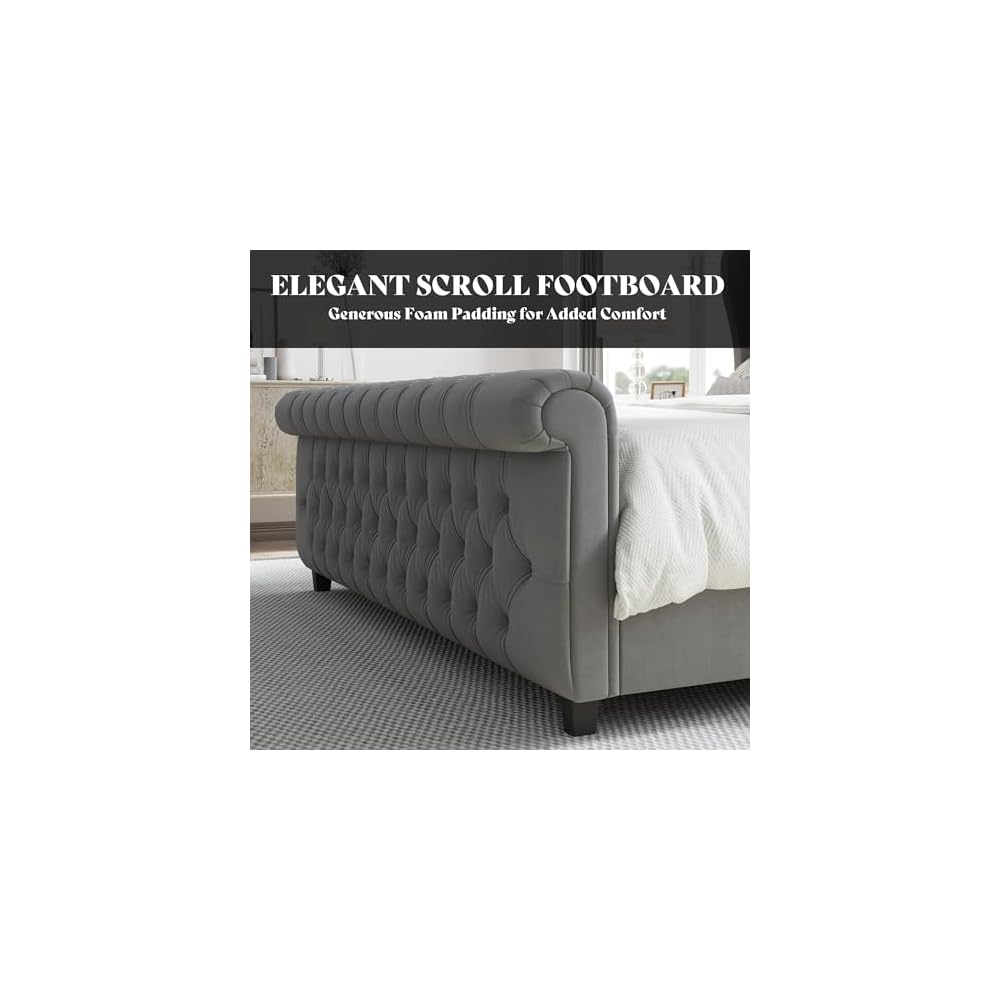 California King Upholstered Sleigh Bed Frame with Headboard