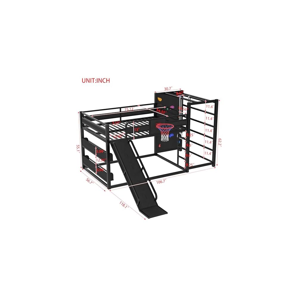 Full Size Bunk Bed with Basketball Hoop, Pull-up Rings, Climbing Wall,Black