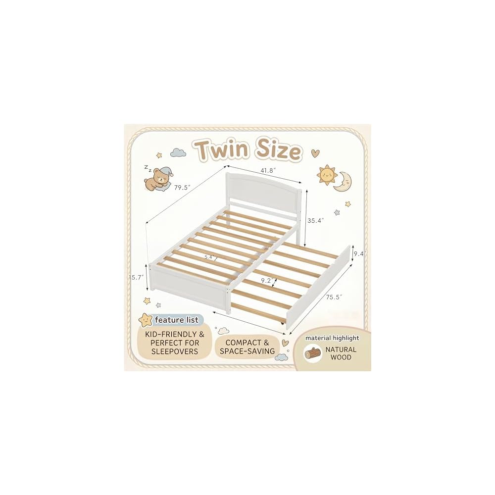 Twin Bed with Trundle, Solid Wood Twin Size Bed Frame, Pull Out Trundle Bed with Headboard and Footboard, Extendable Wooden Slats Platform Bed for Kids Teens Adults, White
