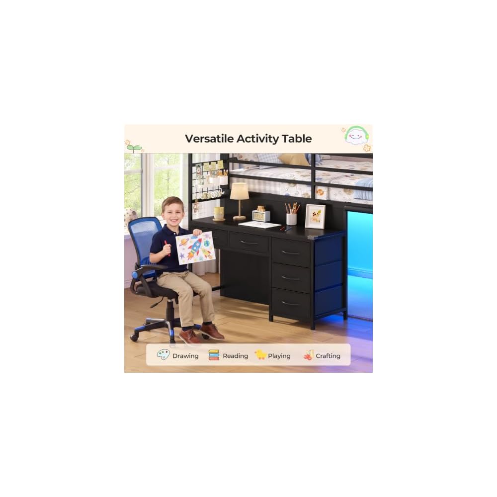 Low Loft Bed Twin Size with Desk, 12 Storage Drawers, Window, Black