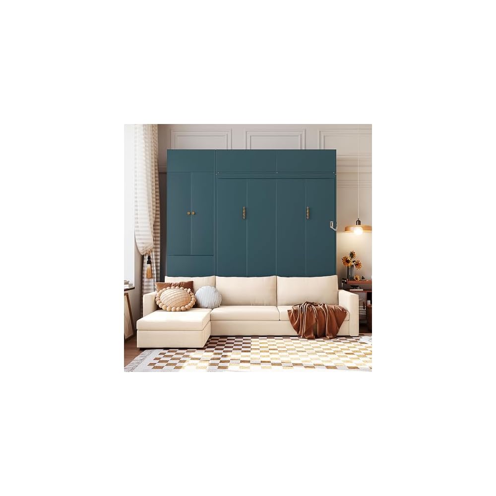 Queen Murphy Bed with Couch and Storage Bookcase, Wood Foldable Murphy Wall Bed with Storage Shelves and Sofa for Adults (H Green,Queen)
