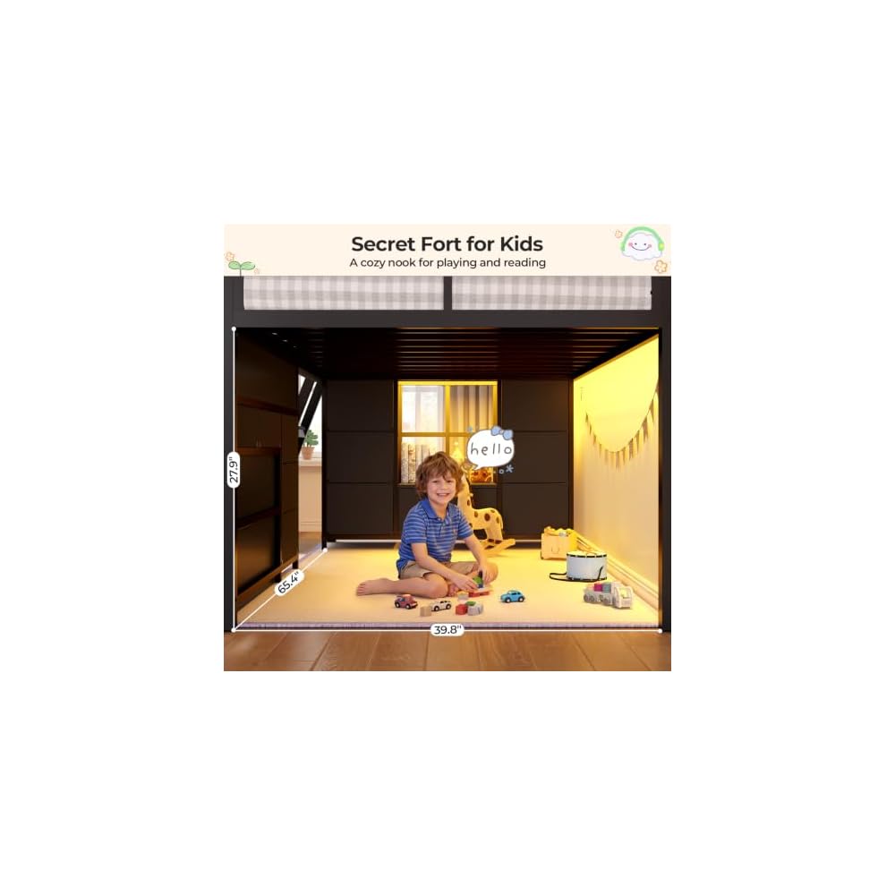 Low Loft Bed Twin Size with Desk, 12 Storage Drawers, Window, Black