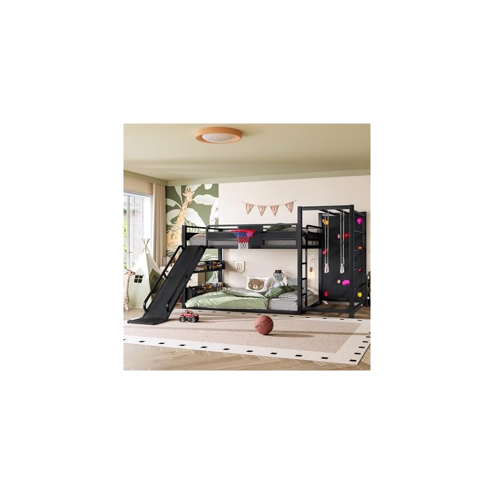 Full Size Bunk Bed with Basketball Hoop, Pull-up Rings, Climbing Wall,Black