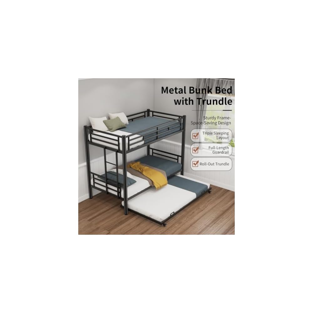 Metal Triple Bunk Bed, Twin Over Twins with Trundle, Heavy Duty Beds Frame with Ladder and Safety Rails for Small Bedroom, Space-Saving Noise Free (Black)