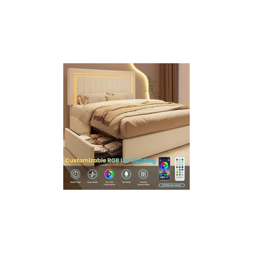 Full Size Bed Frame with LED Lights,2 Storage Drawers, Cream