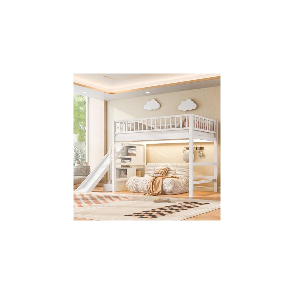 Full Size Loft Bed with Storage Staircase, Slide & LED Light, Wooden Bunk Bed for Bedroom with Built-in Shelves, White