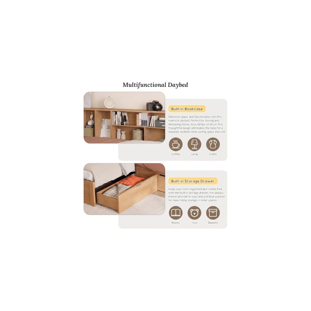Twin Wooden L-Shaped Daybed with Trundle and Storage Drawer, Seadrift