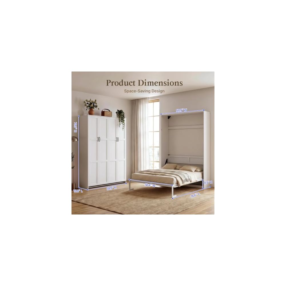 Murphy Bed Full, Murphy Bed Cabinet with Headboard, White