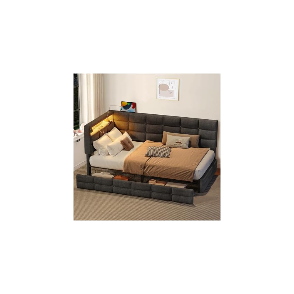 Twin Corner Bed Frame with Storage and Led Lights, Upholstered Daybed Twin Size with Storage Drawers and Charging Station for Living Room,Bedroom (Gray)