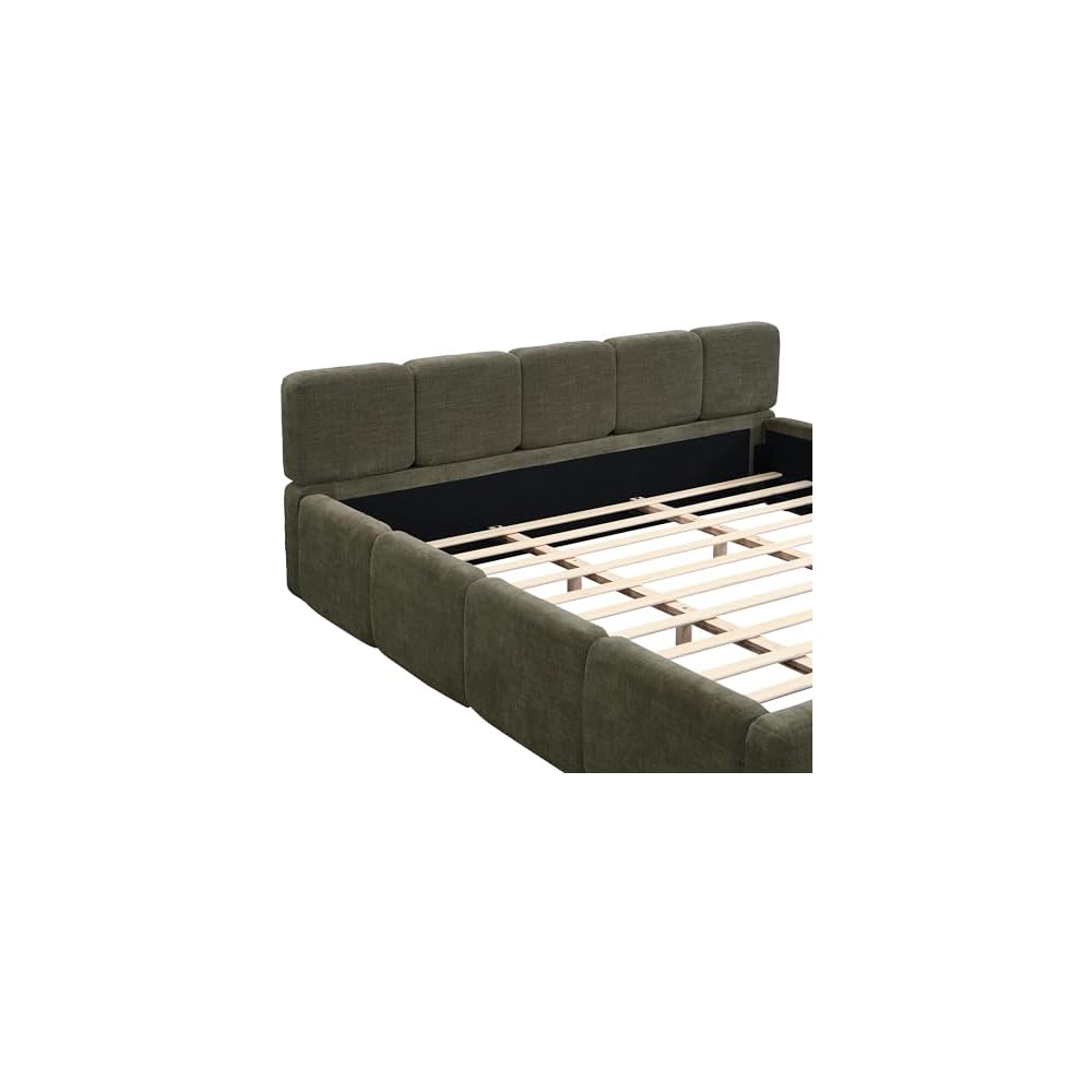 California King Boucle Platform Bed with Thick Headboard, Green