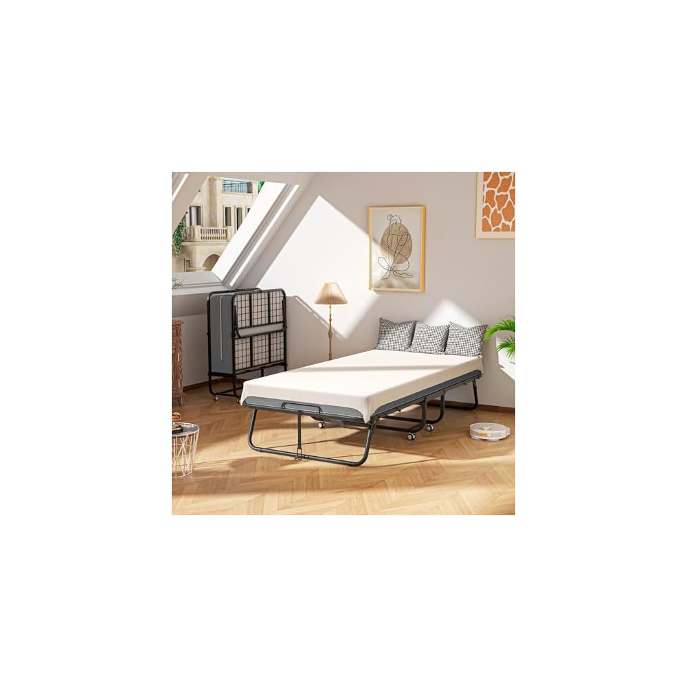 Folding Bed with Mattress, Roll Away Beds with Mattress for Adults, Single Cot Foldable Rollaway Beds, 75" x 31.5" Portable Bed for Easy Storage, Strong Frame for Guest Room