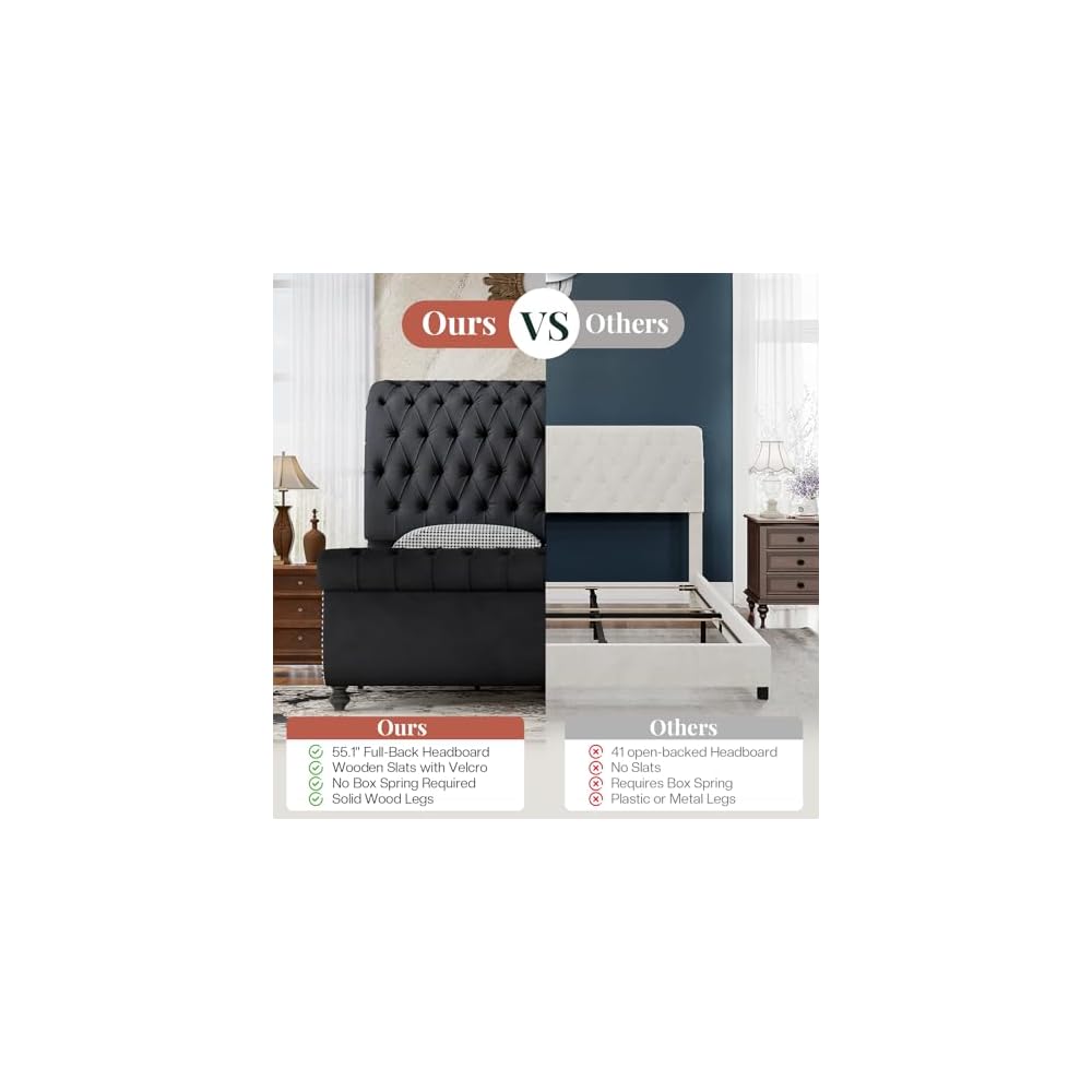 Queen Upholstered Bed Frame Sleigh Headboard & Footboard,Black