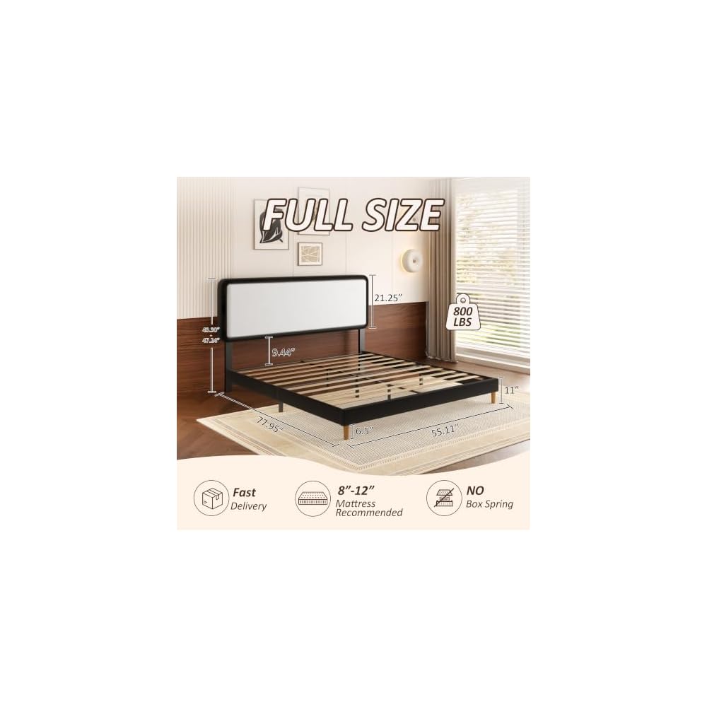 Full Size Bed Frame with Headboard, Color-Blocking Leather Platform Bed, Adjustable Upholstered Headboard, No Box Spring Required, Low Noise, Easy to Assemble, White