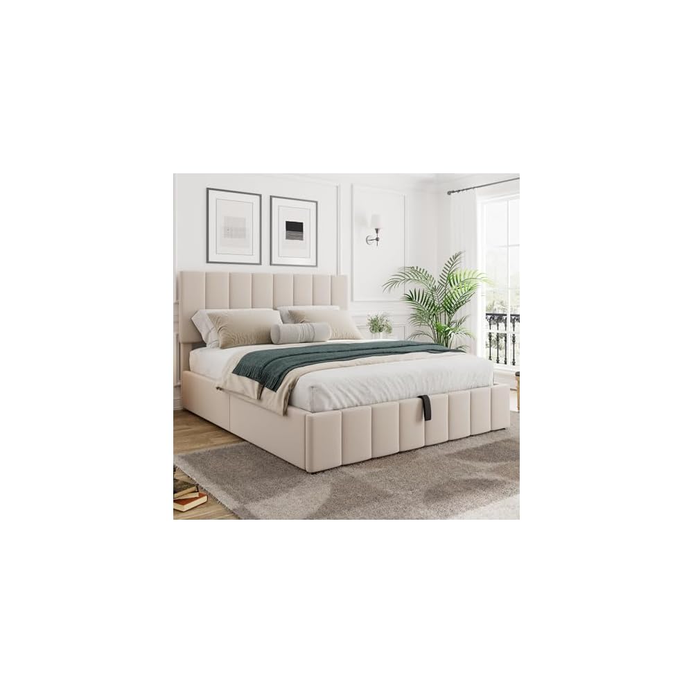 Gas Lift Up Storage Platform Bed, Upholstered Bed Frame with Hydraulic Storage System and Wooden Slat Support, Queen Size, Beige