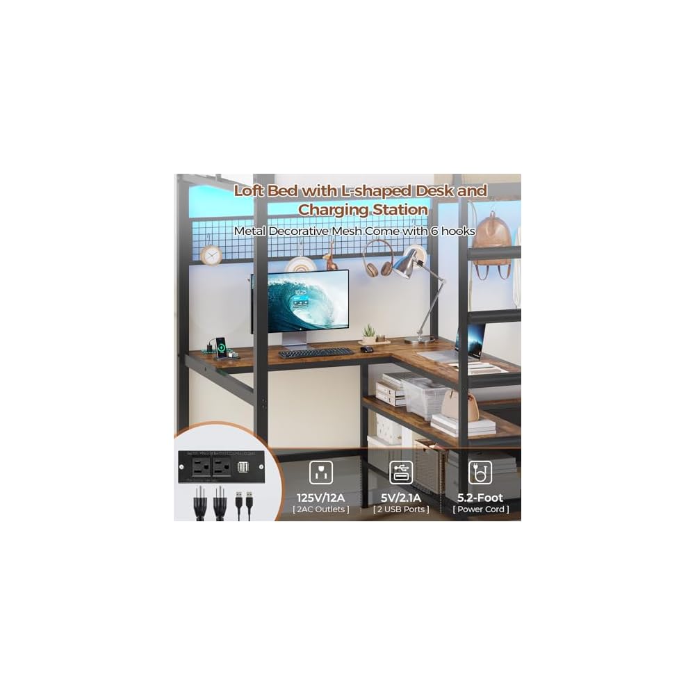 Twin Loft Bed with L-Shaped Desk,Storage Shelves and Charging Station Metal Loft Bed Twin Size with LED Lights,Coat Rack with Drawers and Stair,Top Bunk with Safety Guardrail for Teen,Black