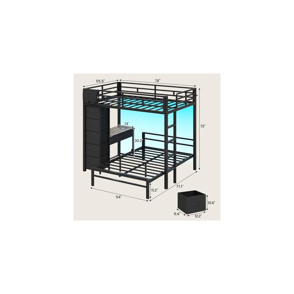 Full Size Bunk Bed with Desk, 5 Drawers, Charging Station, Black