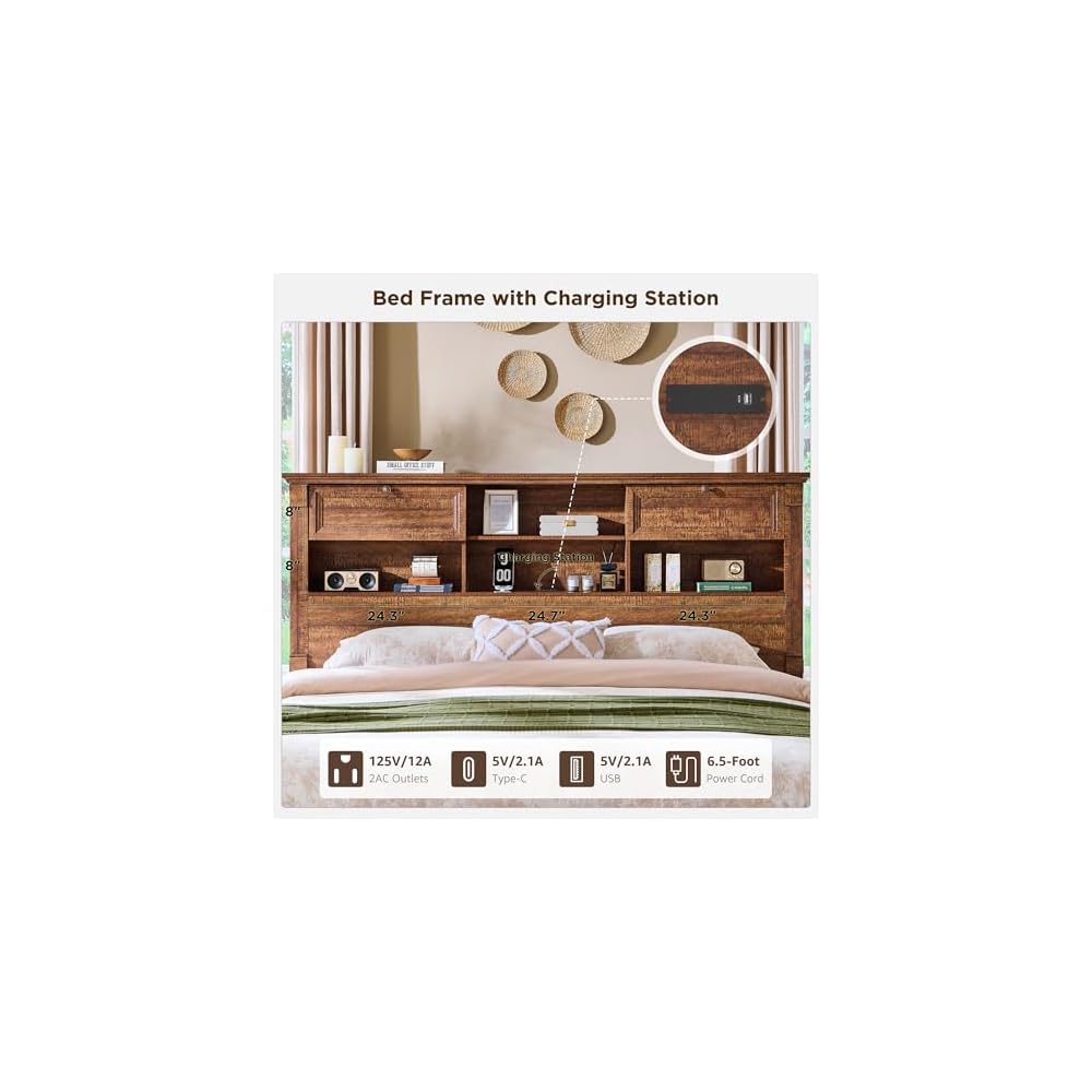 Farmhouse King Size Bed Frame with 54" Tall Headboard, Charging Station